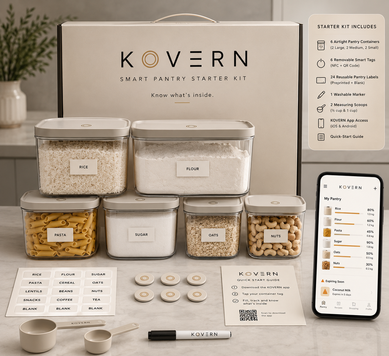 KOVERN Smart Pantry Starter Kit with six containers, smart tags, labels, measuring scoops, marker, quick-start guide and app.